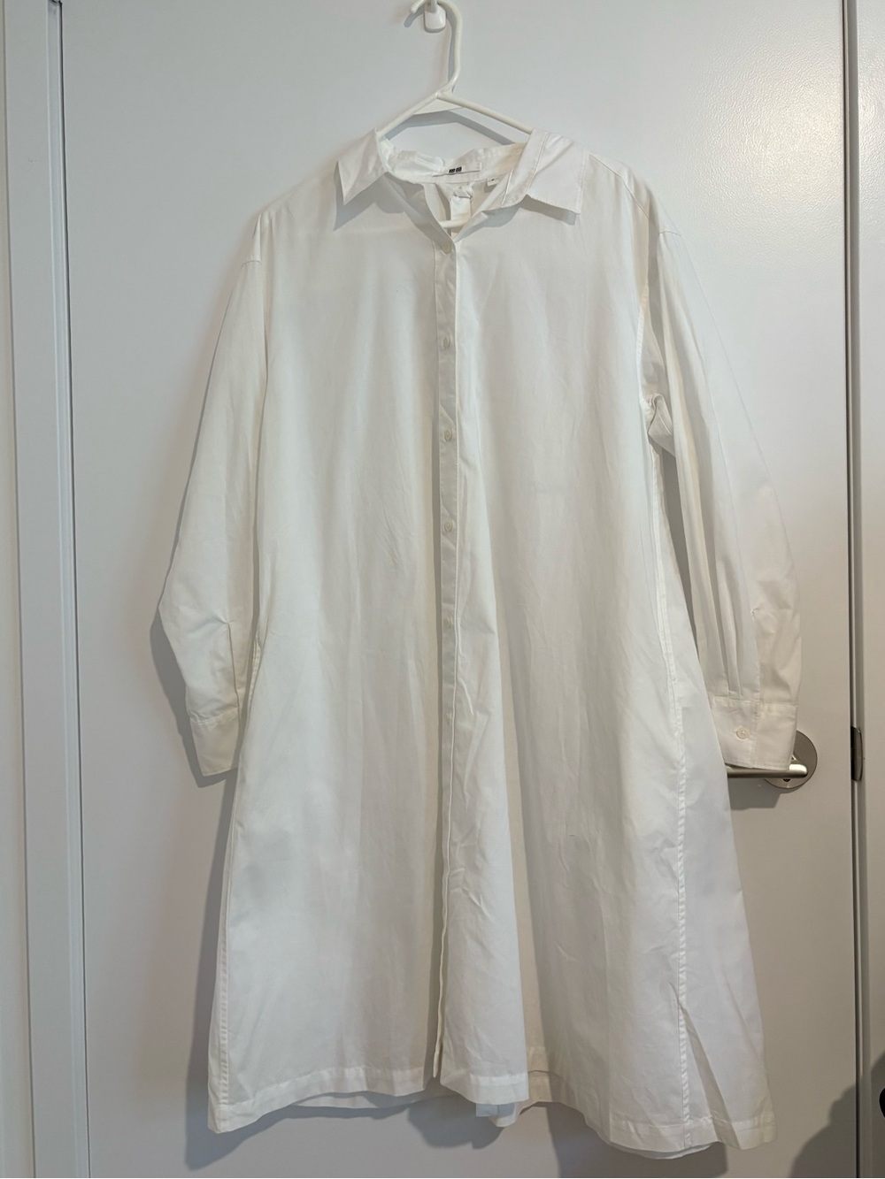 White Uniqlo cotton long sleeve button down midi shirt dress